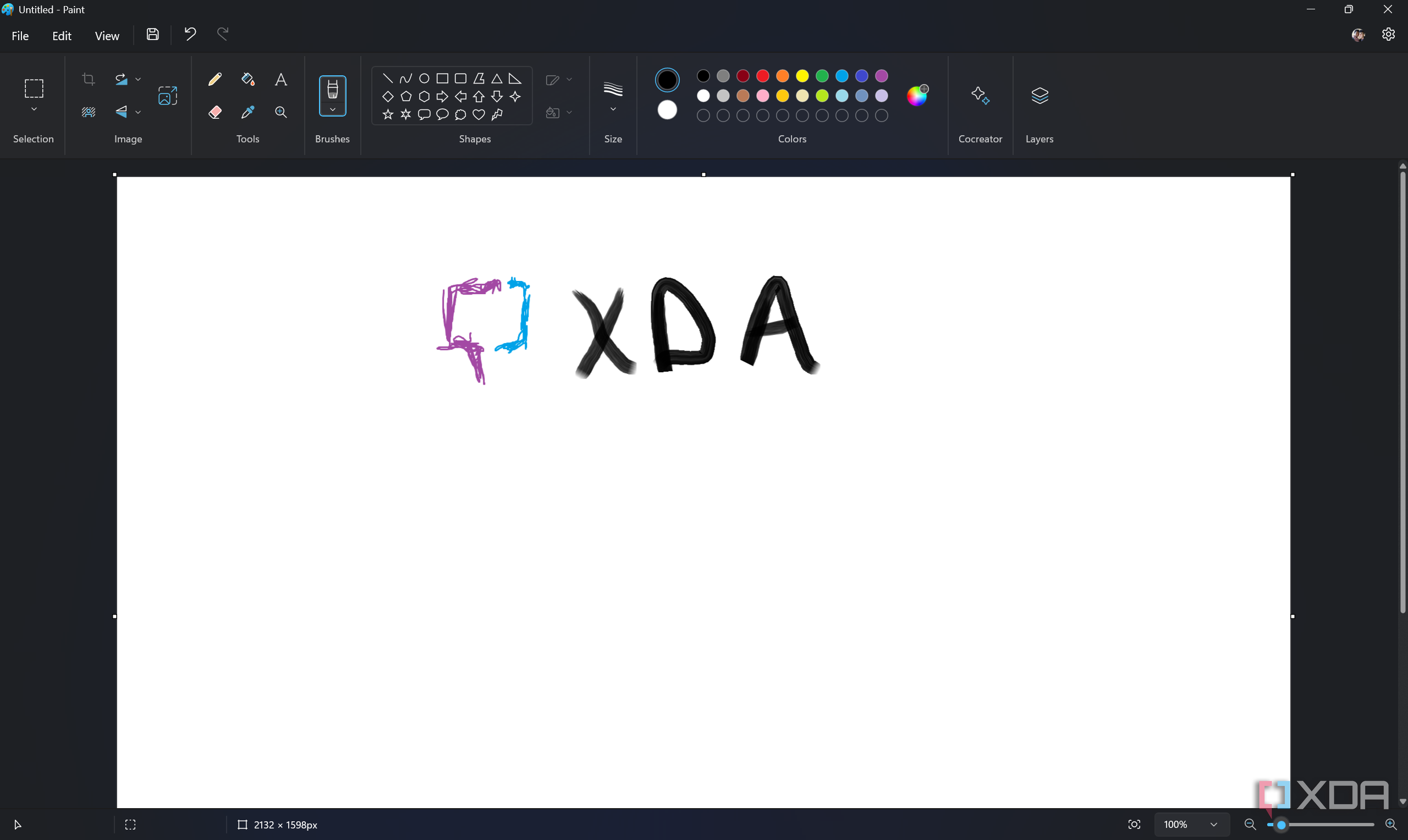 Screenshot of Paint in Windows 11 with a poorly drawn XDA logo on the canvas