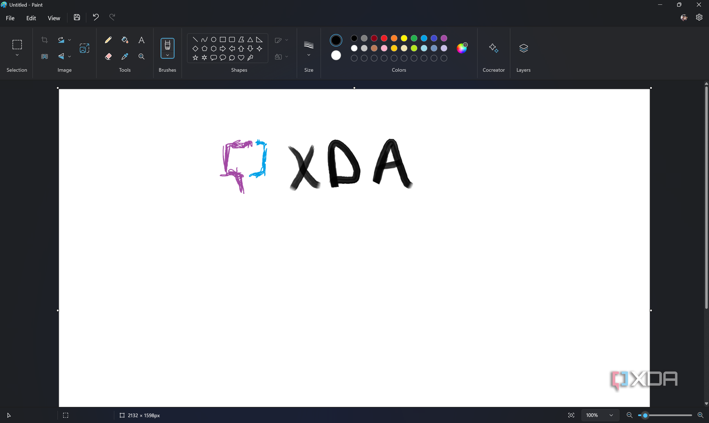 Screenshot of Paint in Windows 11 with a poorly drawn XDA logo on the canvas