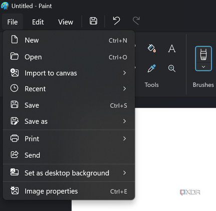 Screenshot of the File dropdown menu in Paint