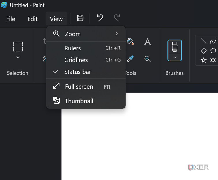 Screenshot of the View dropdown menu in Paint