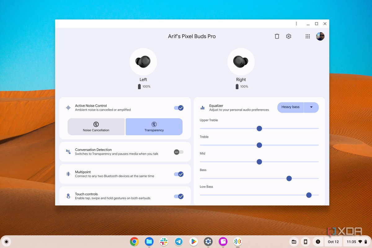 Screenshot of an web app running on a Chromebook for controlling Pixel Buds