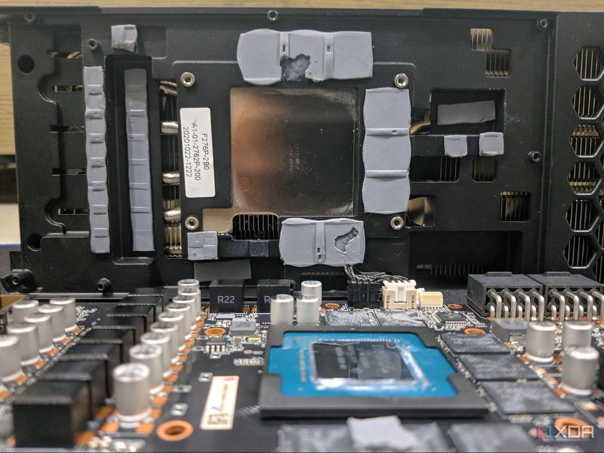 an image showing the core of an RTX GPU along with heatsink, thermal pads and etc.