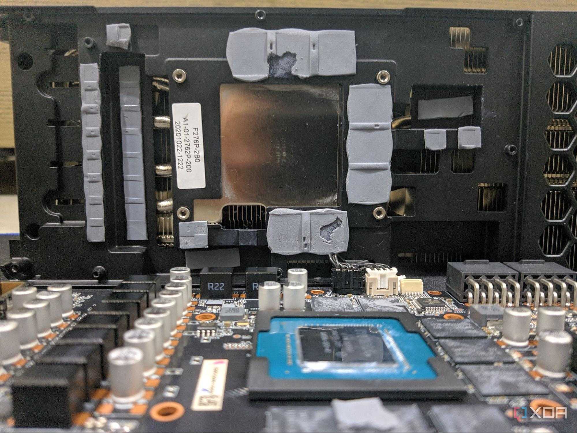 an image showing the core of an RTX GPU along with heatsink, thermal pads and etc.