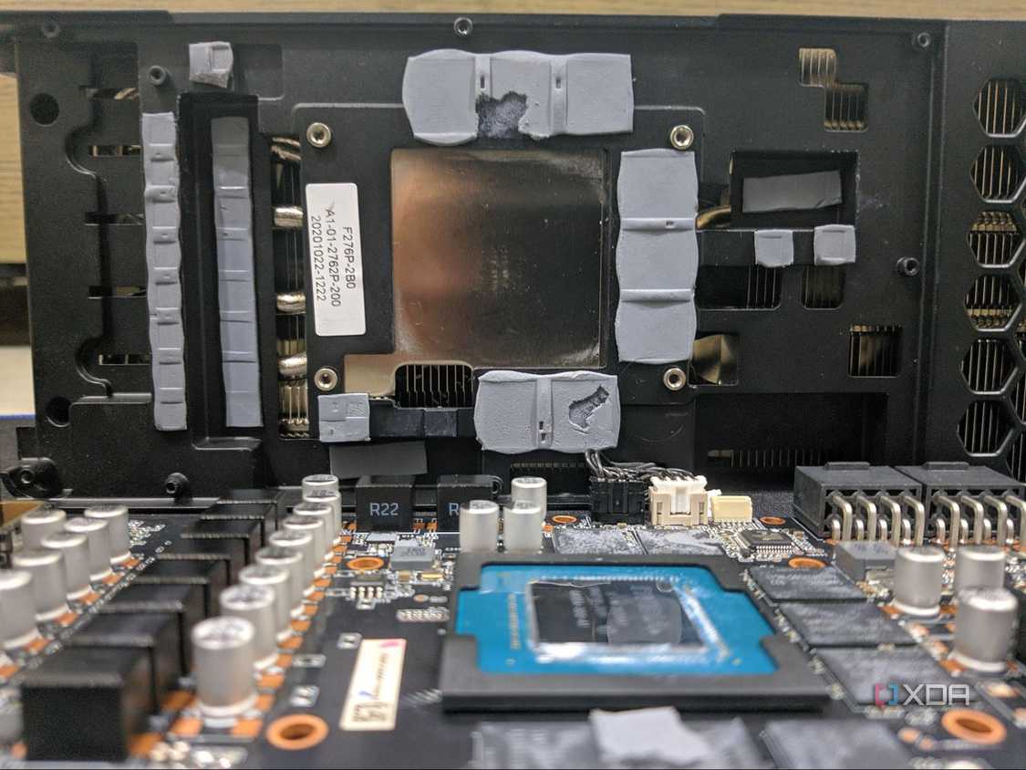 an image showing the core of an RTX GPU along with heatsink, thermal pads and etc.