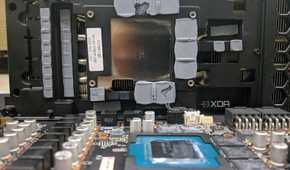 an image showing the core of an RTX GPU along with heatsink, thermal pads and etc.