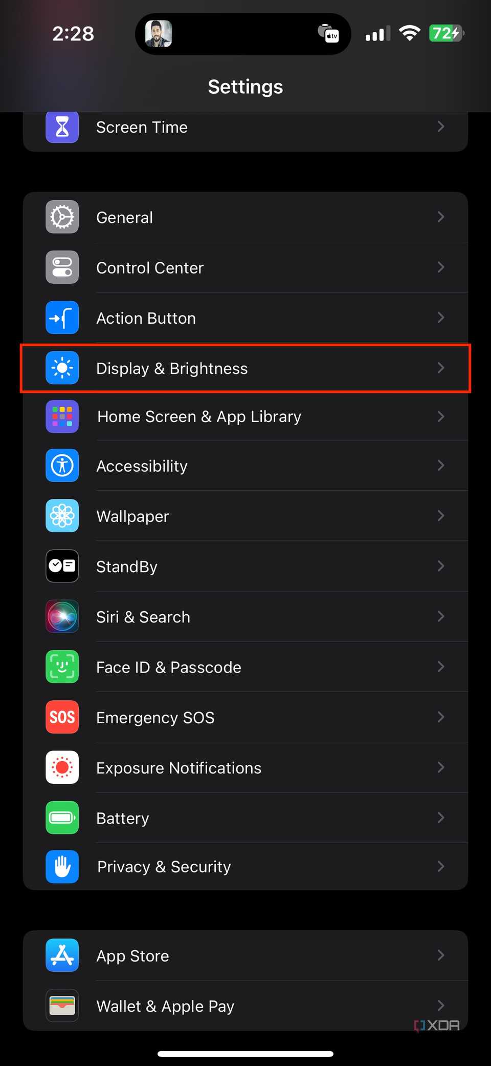 display and brightness section in iPhone settings