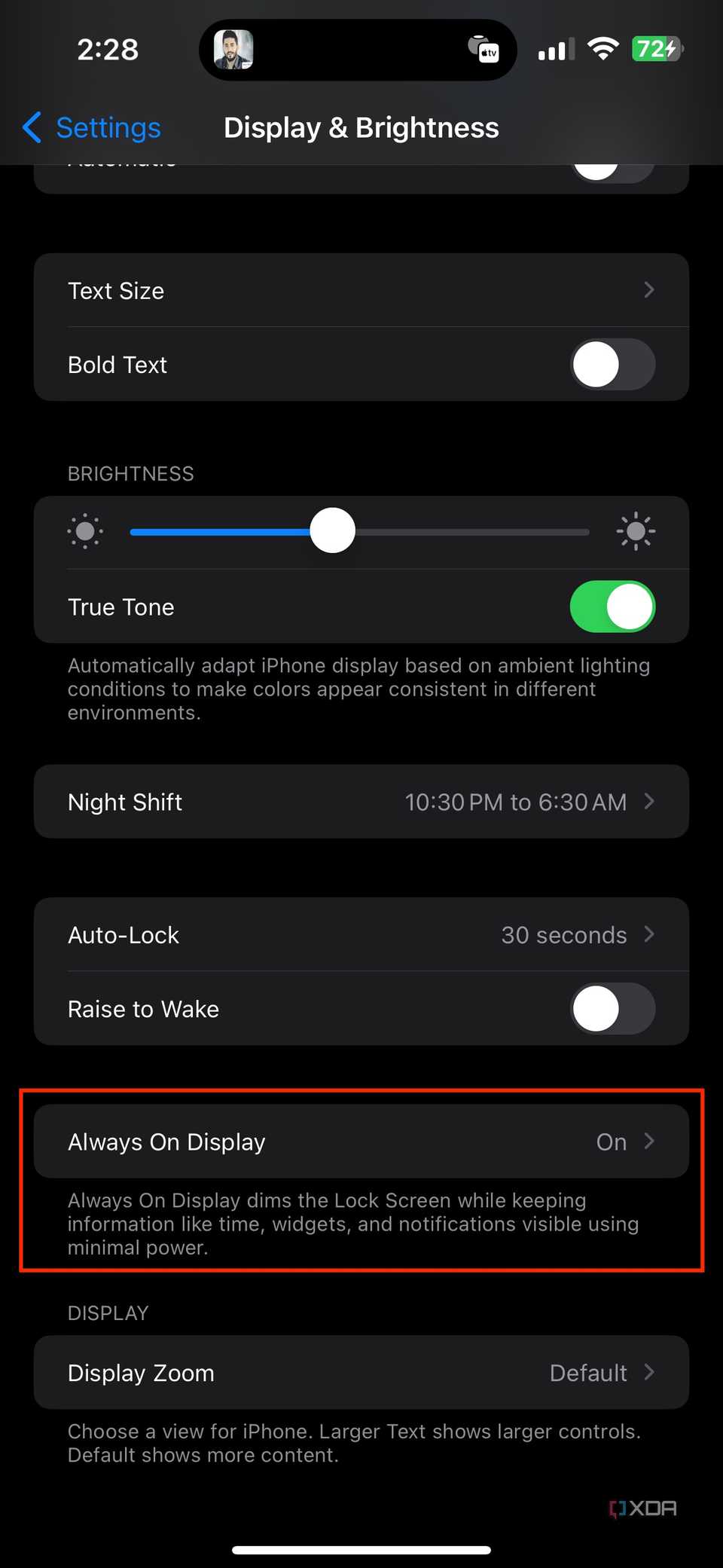 always on display section in iPhone settings