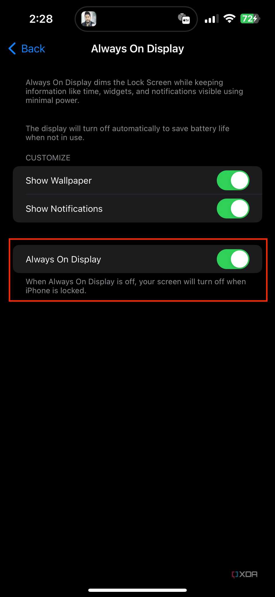 always on display toggle in iPhone settings