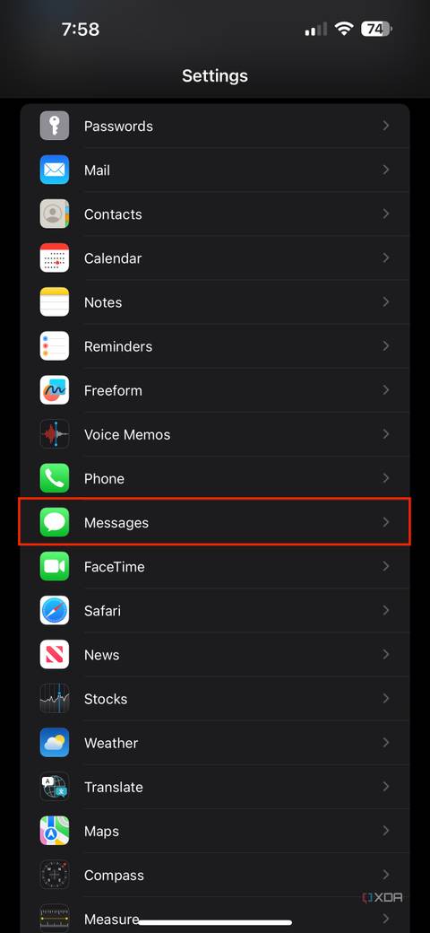 messages section in settings app