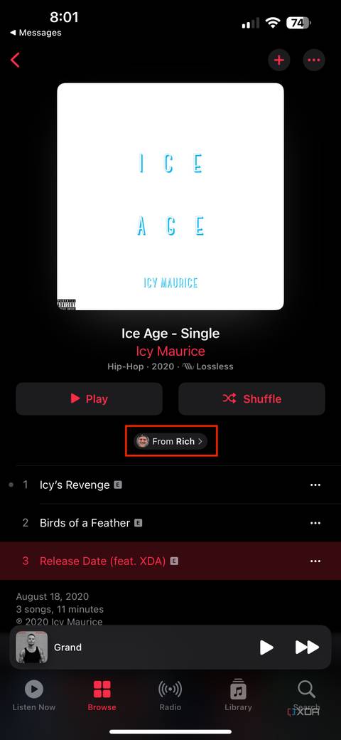 Apple Music song showing that it was shared by a contact