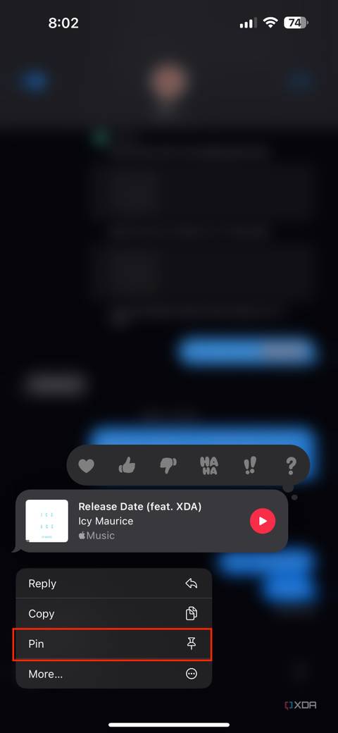 pin button for a song's link in iMessage app
