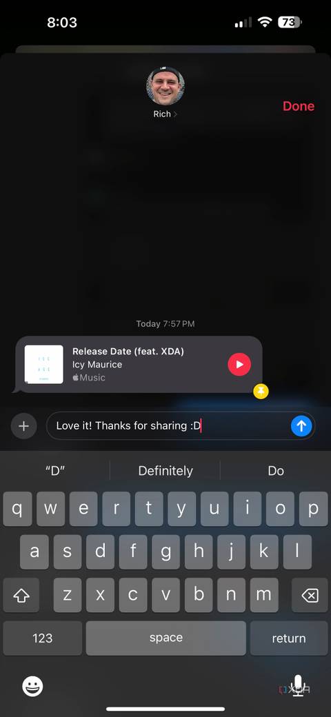 replying to a received song link on iMessage