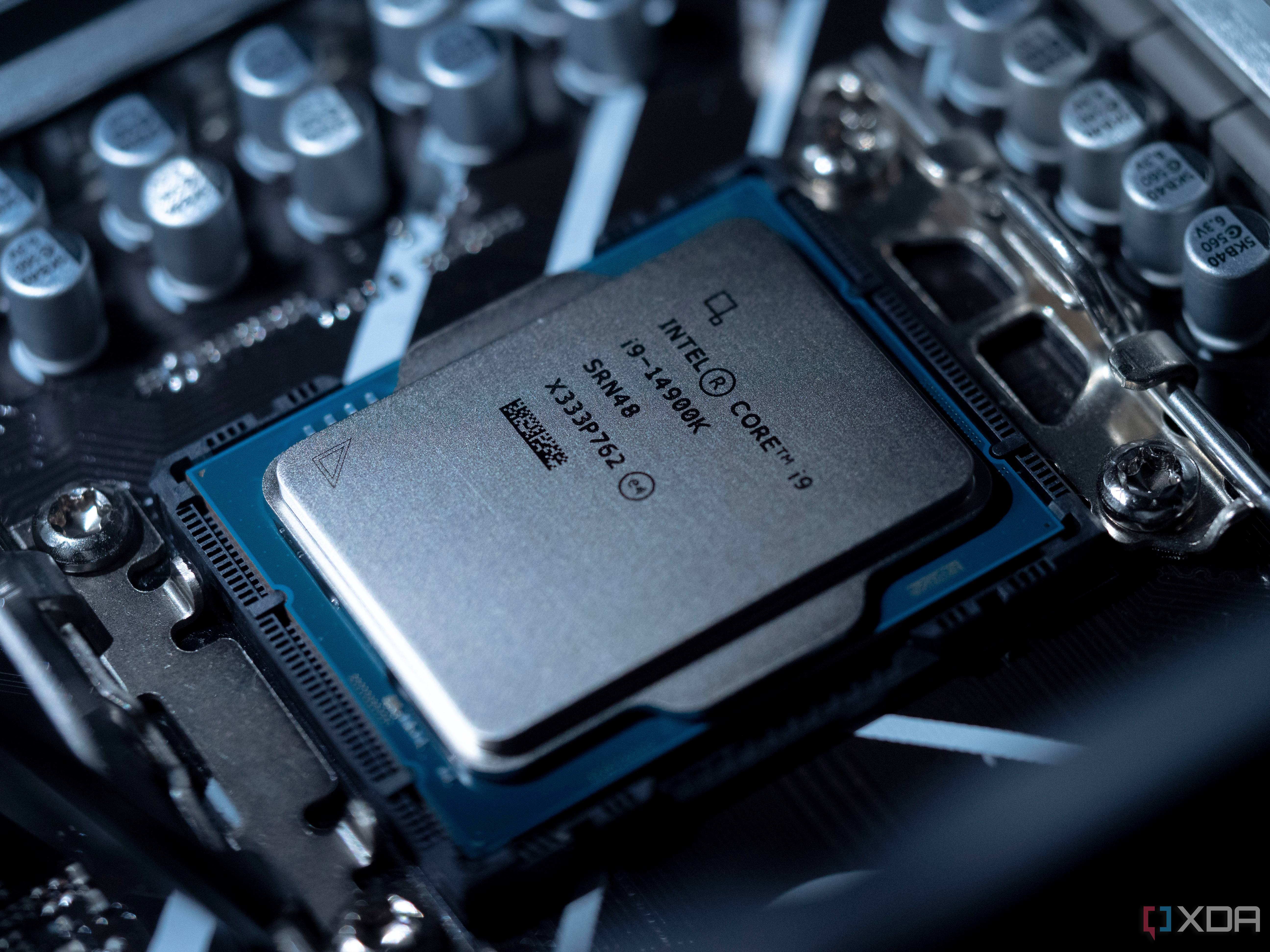 Intel Core i9 14900K in a CPU socket in a motherboard