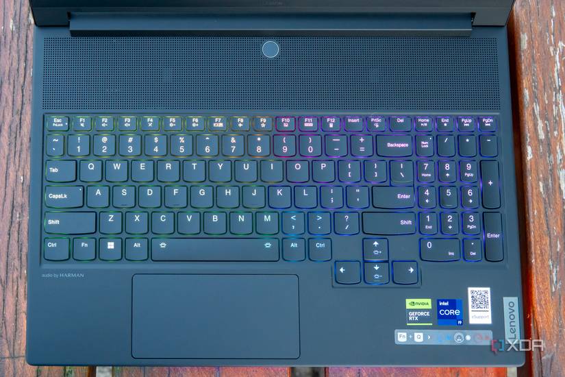 Overhead view of the keyboard of the Lenovo Legion 9i with RGB enabled