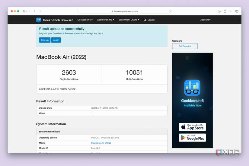 A Geekbench 6 baseline test with the M2 MacBook Air.