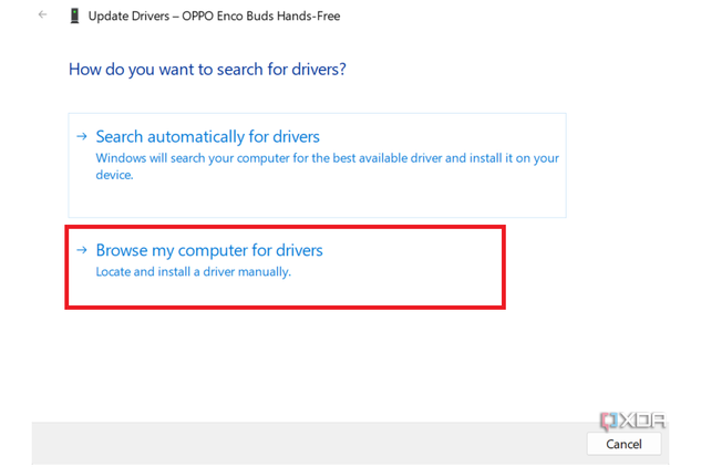 Update Driver with manual update option selected