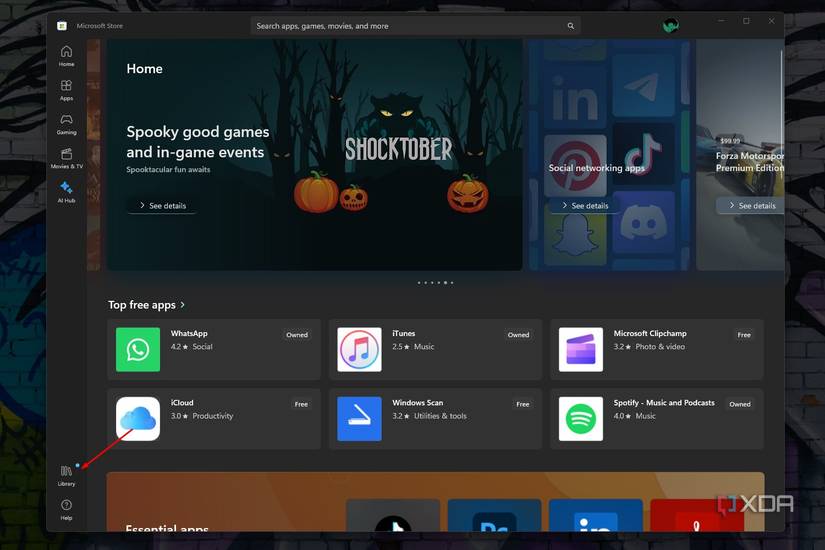 Windows 11 screenshot that highlights the library option in the Microsoft Store.