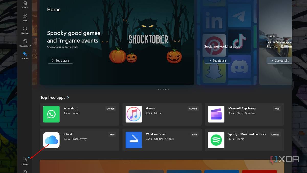 Windows 11 screenshot that highlights the library option in the Microsoft Store.