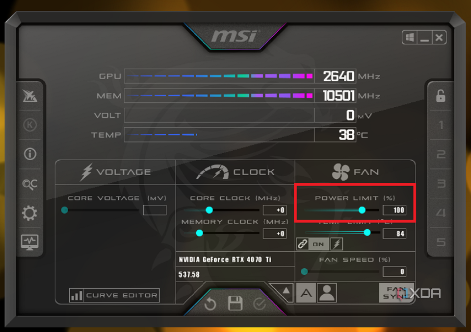 A screenshot showing MSI Afterburner interface with highlighted GPU power limit option.