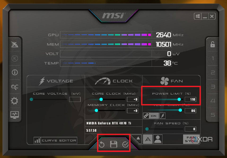 A screenshot showing the MSI Afterburner GPU tweaking interface with highlighted Power Limit option.