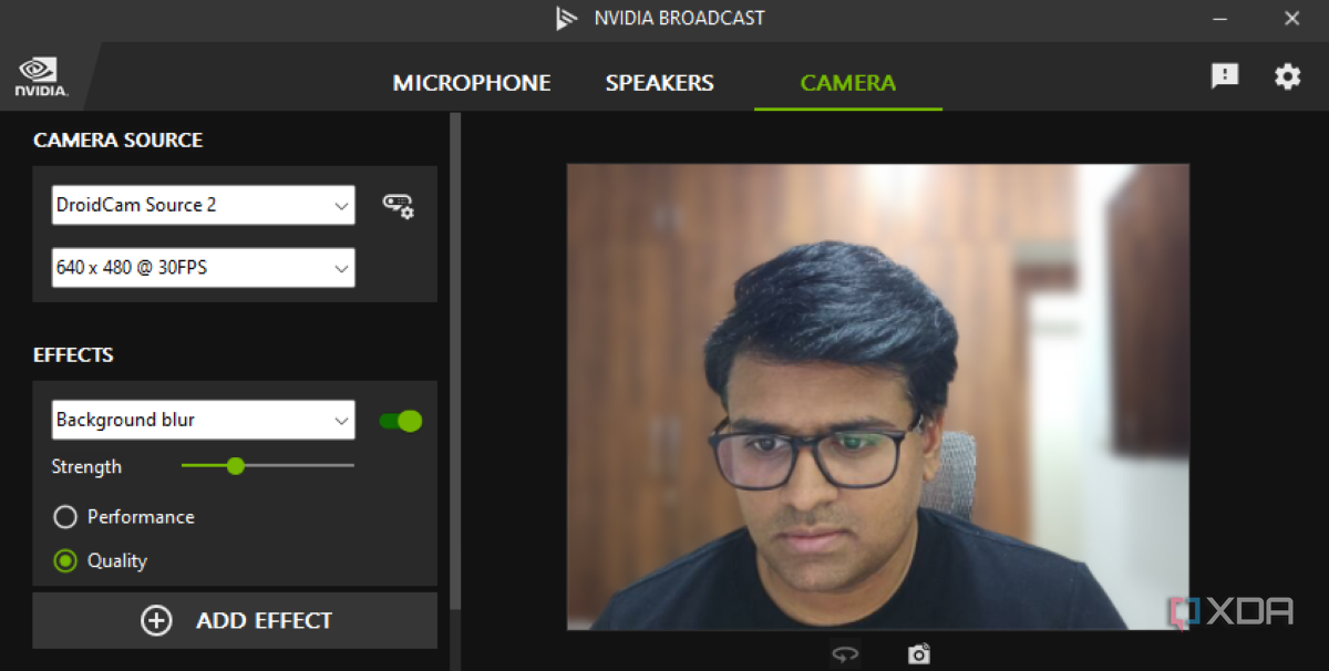 A screenshot showing the Nvidia Broadcast interface with webcam BG Blur feature.