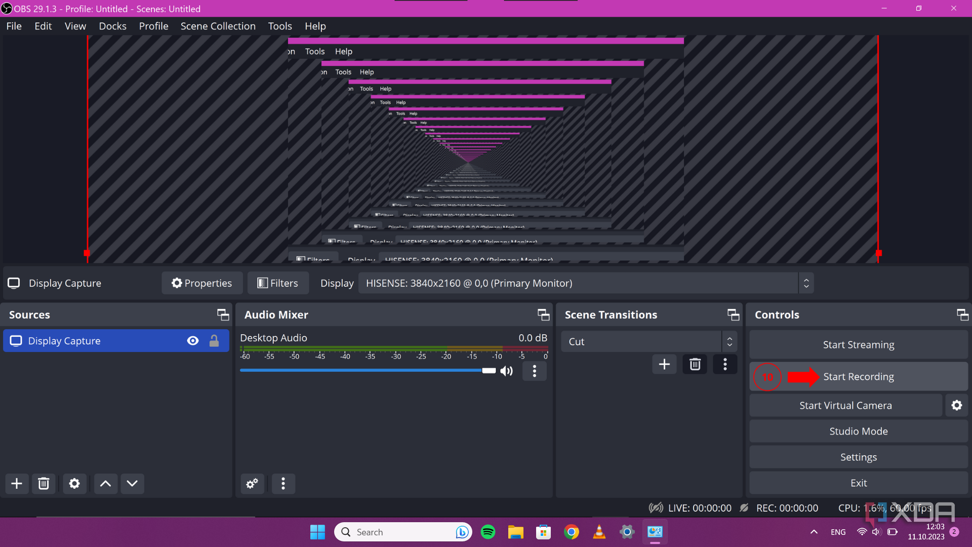 OBS Studio interface with the Start Recording button highlighted