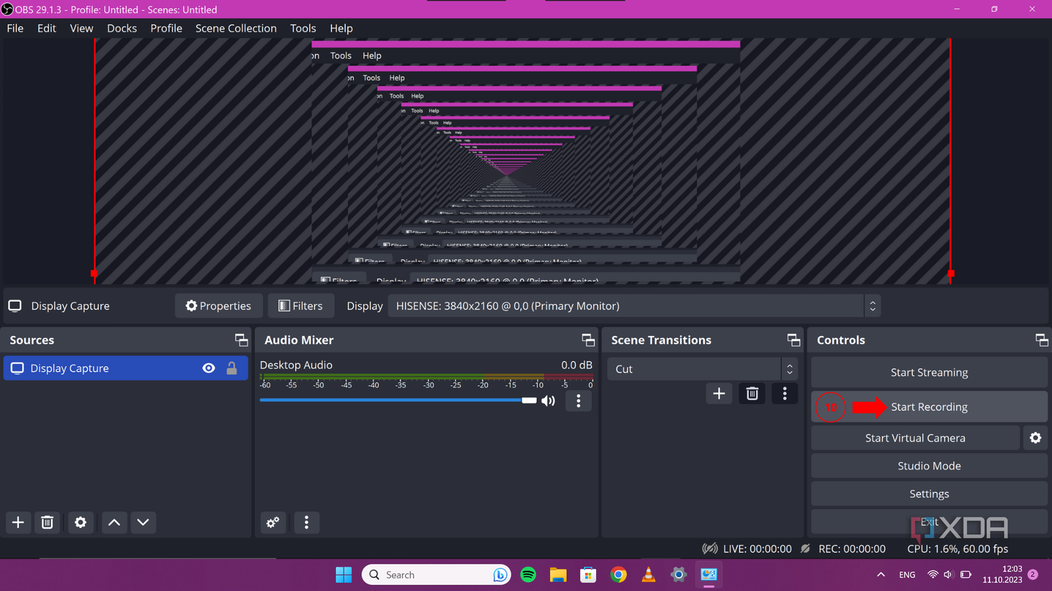 OBS Studio interface with the Start Recording button highlighted