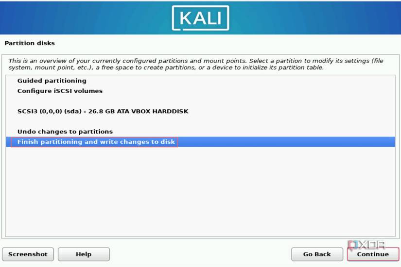Choose the finish partitioning and write changes to disk option