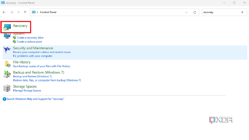 A screenshot showing the highlighted Recovery option in Windows Control Panel.