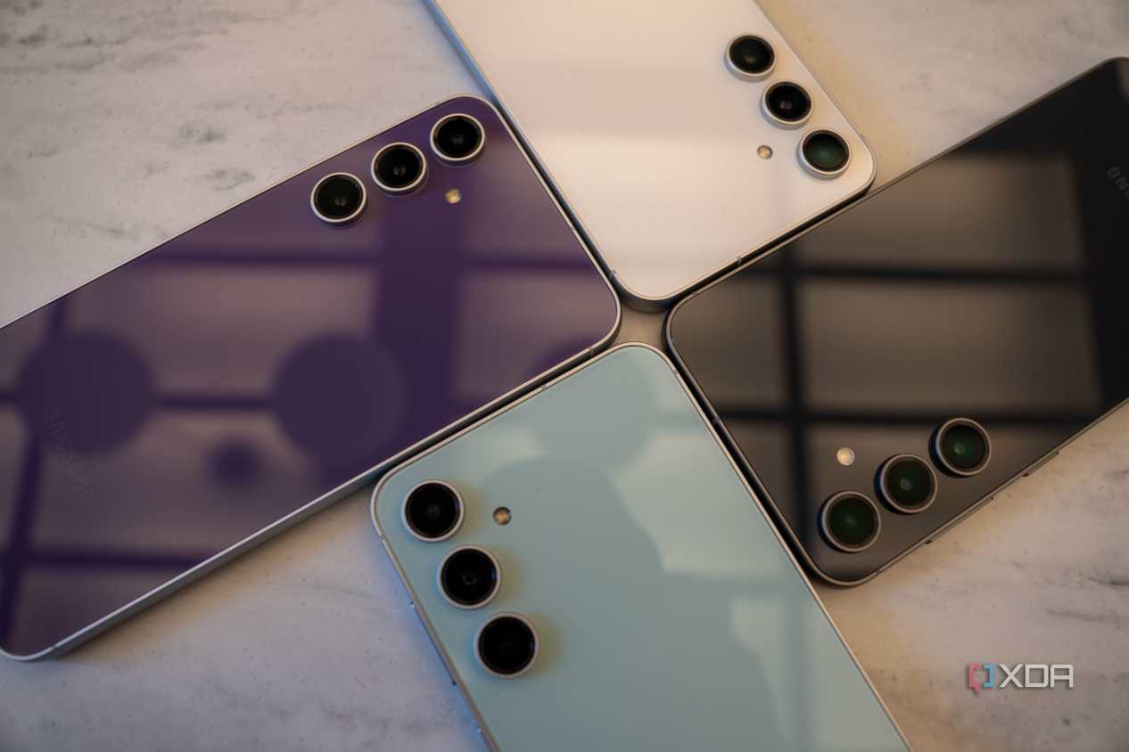 Four Samsung Galaxy S23 FE smartphones.