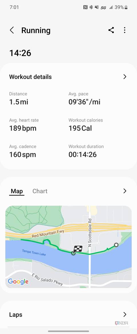 A running workout from the Galaxy Watch 6.