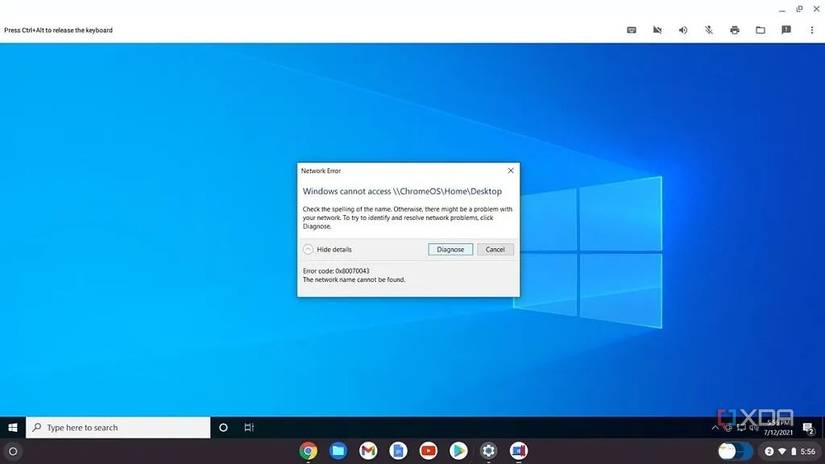 Parallels Desktop in ChromeOS with an error code about sharing