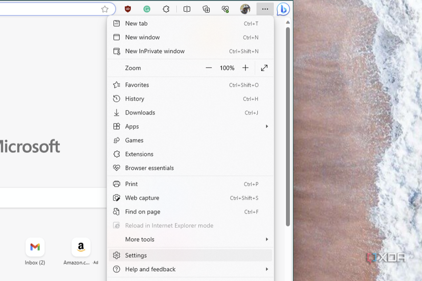 MIcrosoft Edge settings menu