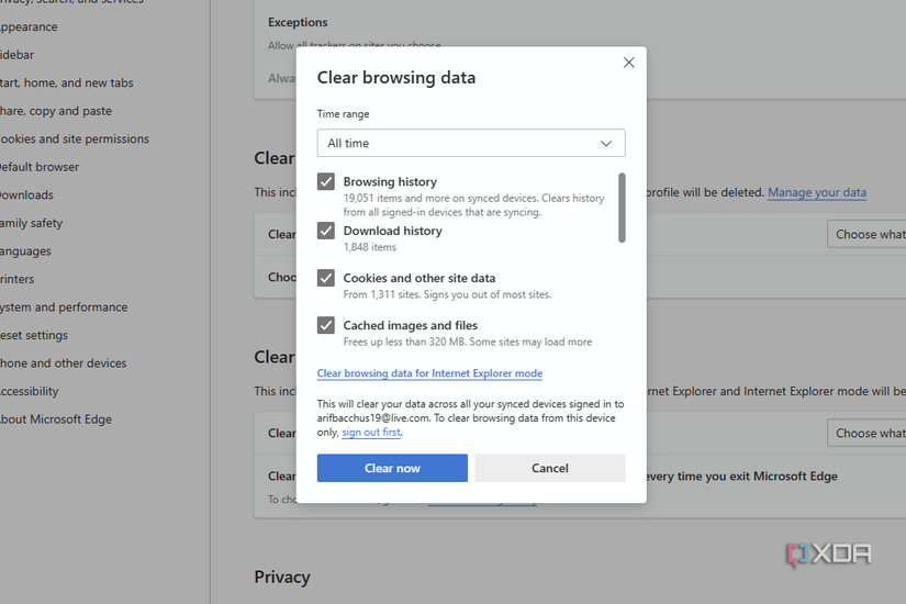 Clearing the cookies in Microsoft Edge