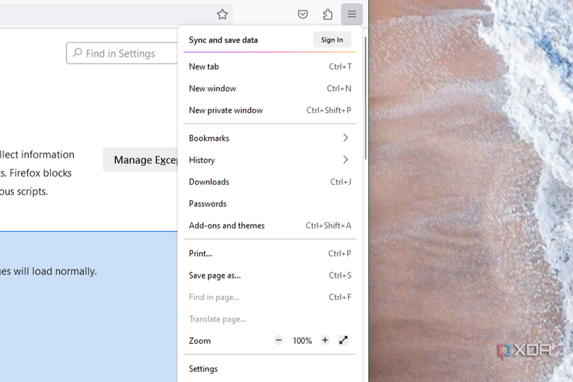 The settings menu in Firefox