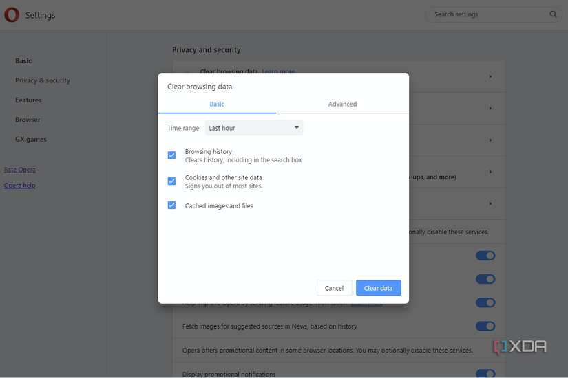 Clearing browsing data on Opera