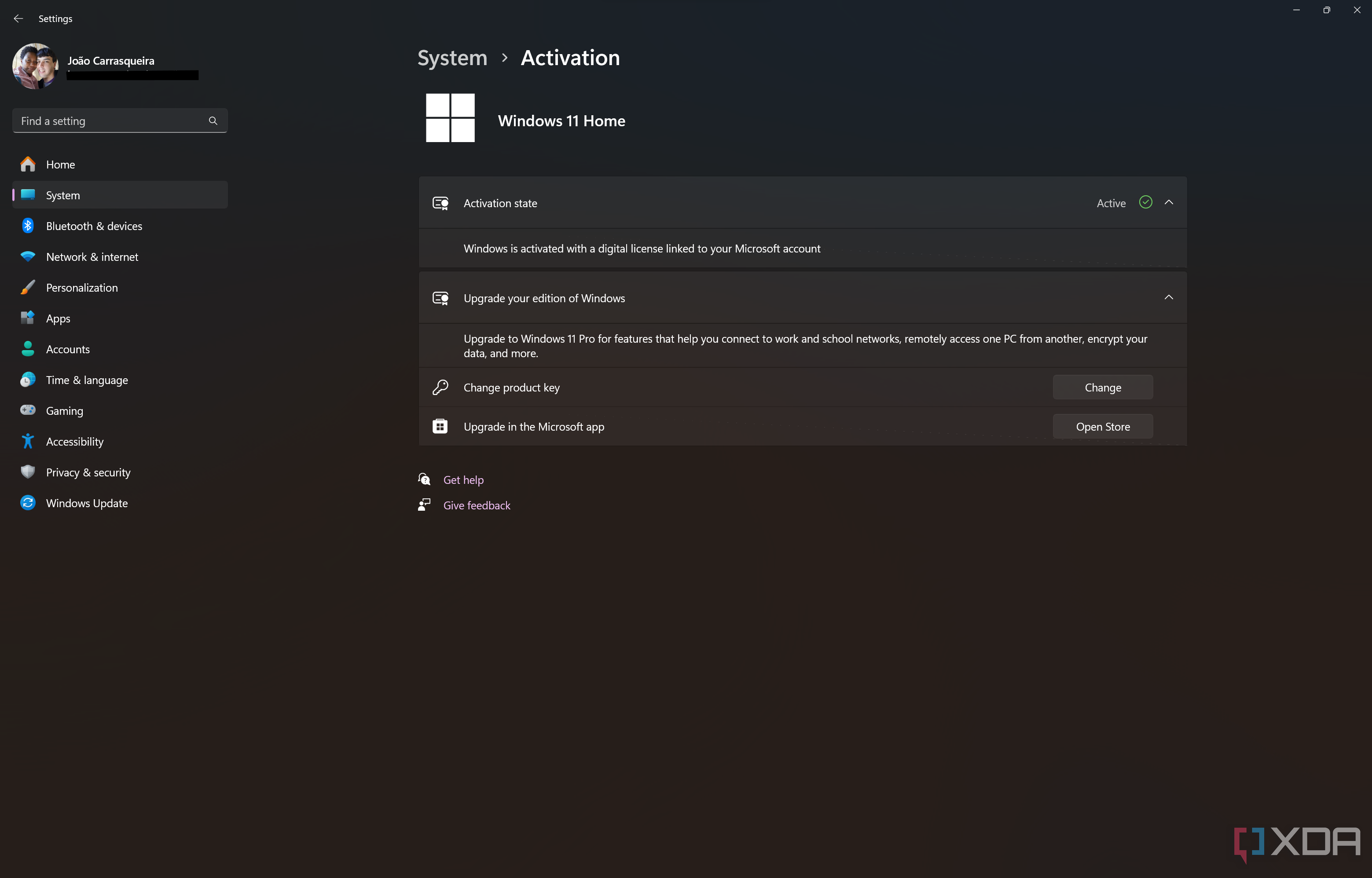 Captura de pantalla de la página de Activación en la Configuración de Windows 11