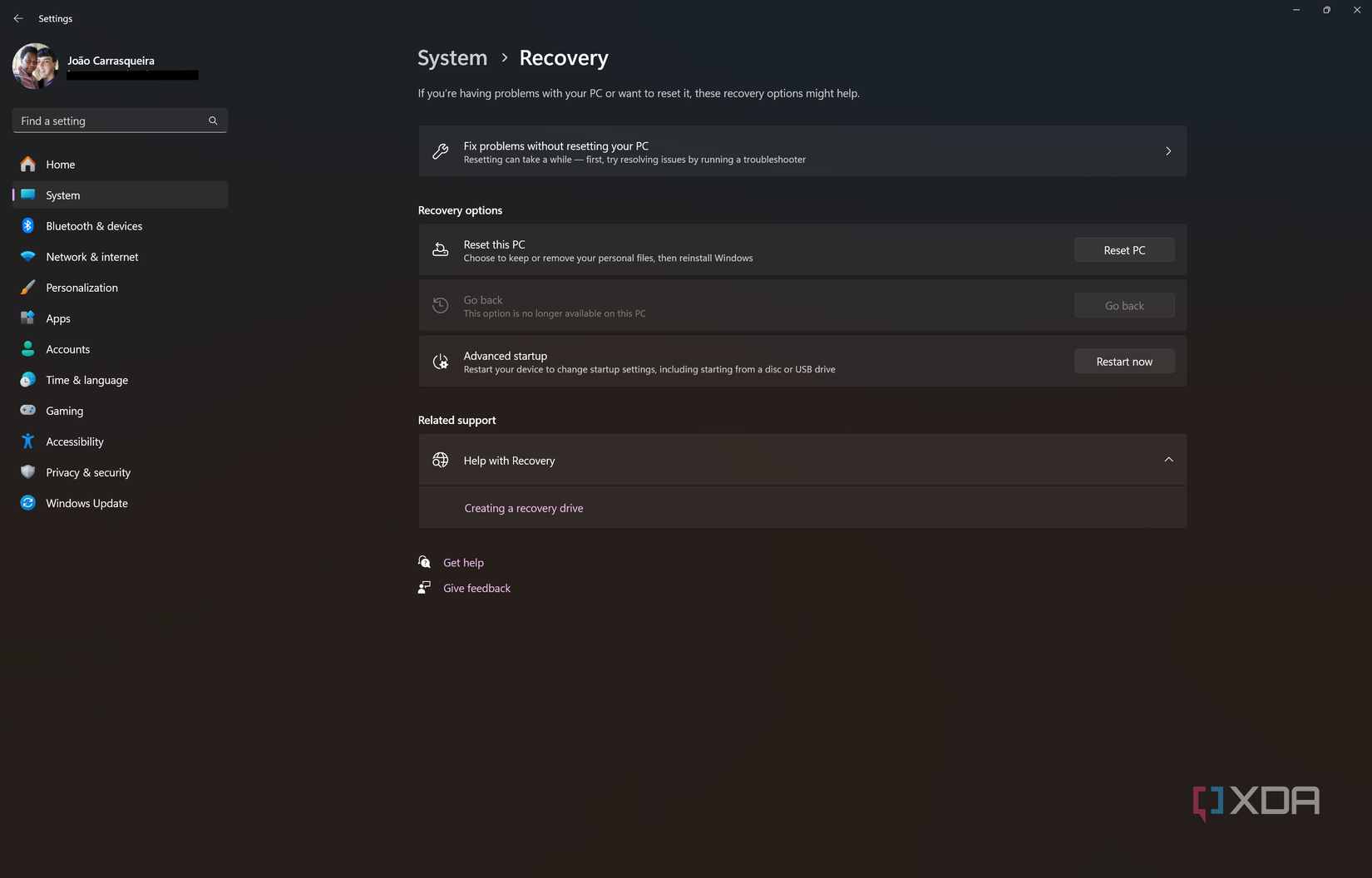 Screenshot of the Recovery page in Windows 11 Settings