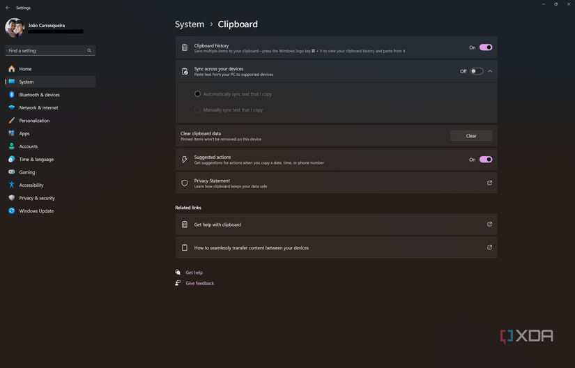 Screenshot of Clipboard page in Windows 11 Settings