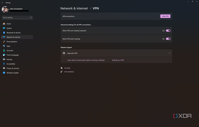 Screenshot of VPN page in Windows 11 Settings