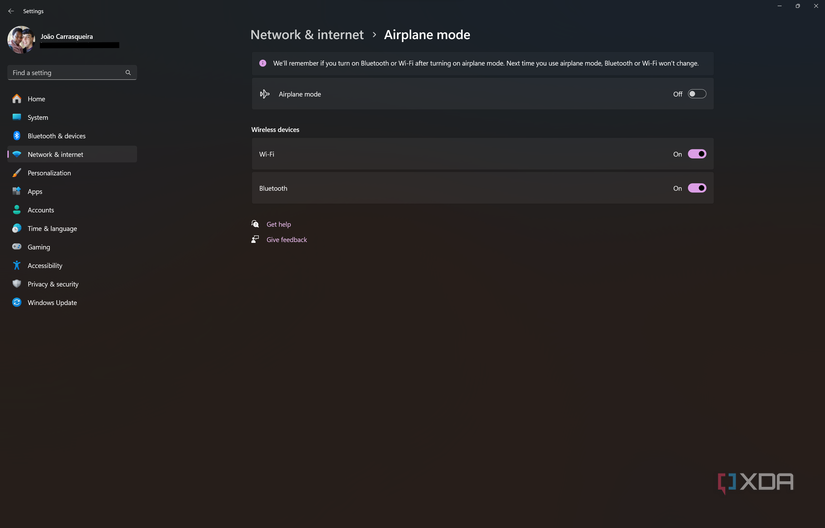 Screenshot of Airplane mode page in Windows 11 Settings