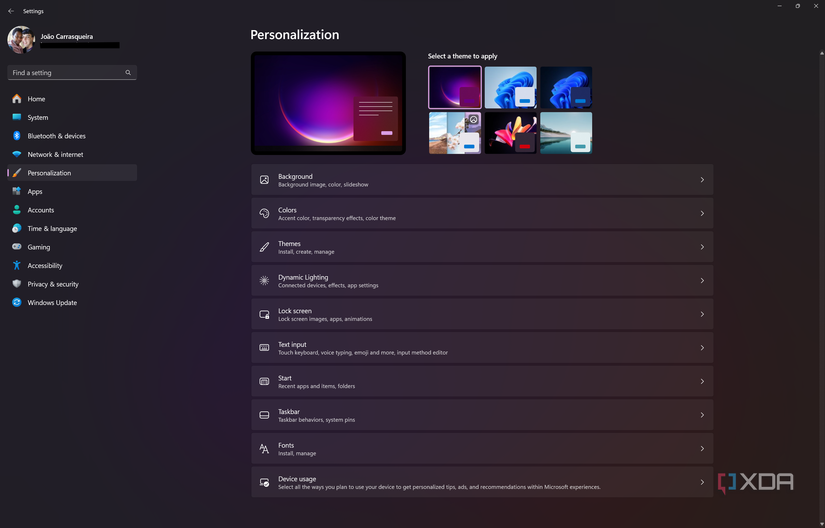 Screenshot of Personalization section in Windows 11 Settings app