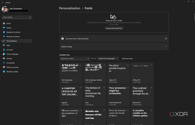 Screenshots of Fonts page in Windows 11 Settings