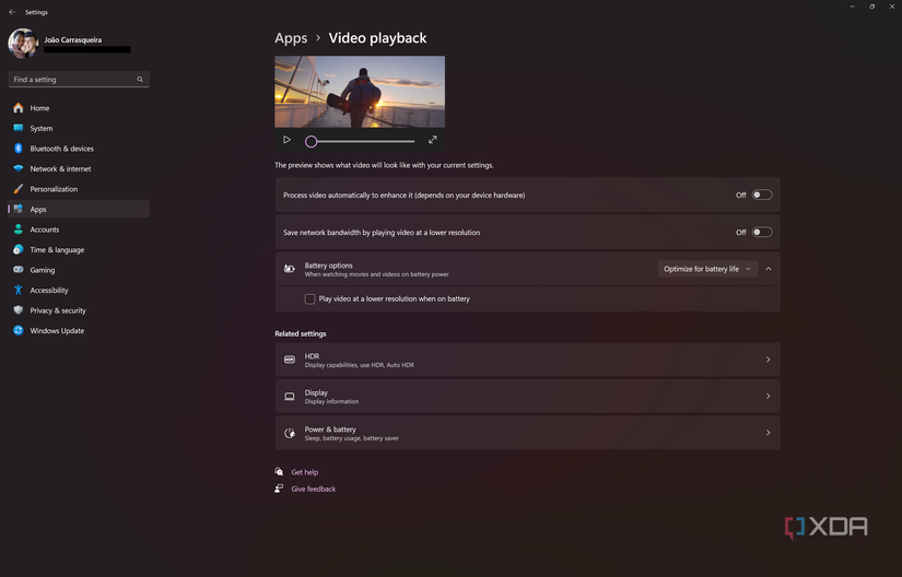 Screenshot of Video playback in Windows 11 Settings