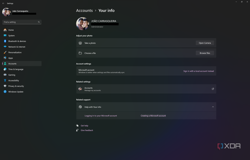 Screenshot of the Your info page in Windows 11 settings