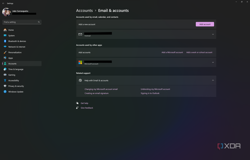 Screenshot of Email and accounts page in Windows 11 Settings