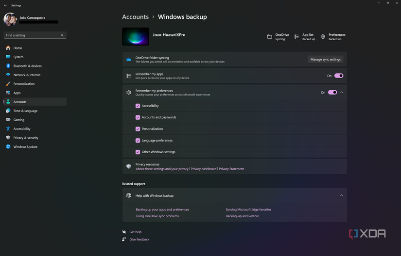 Screenshot of the Windows Backup page in Windows 11 Settings