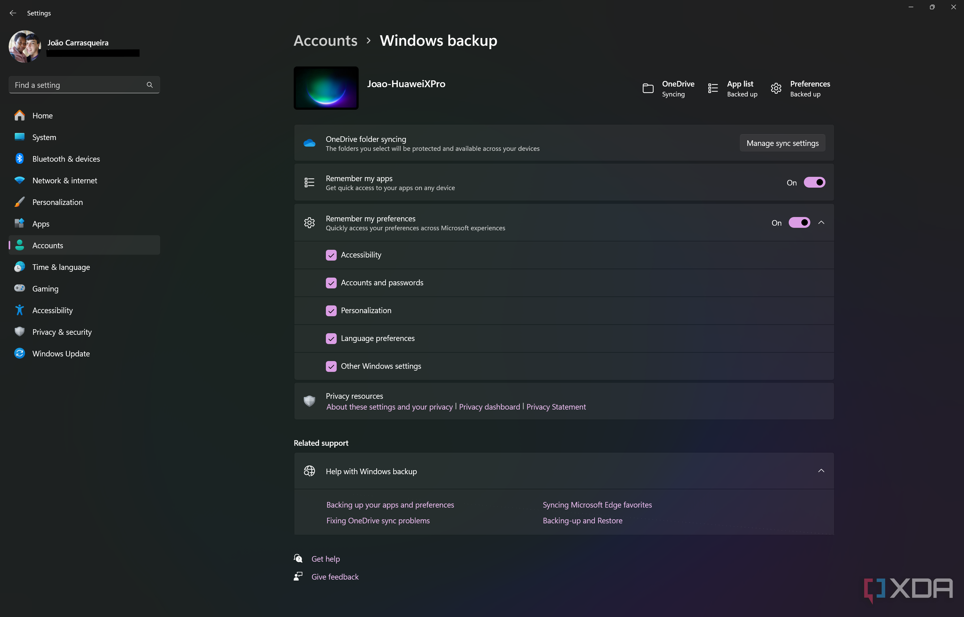 Screenshot of the Windows Backup page in Windows 11 Settings
