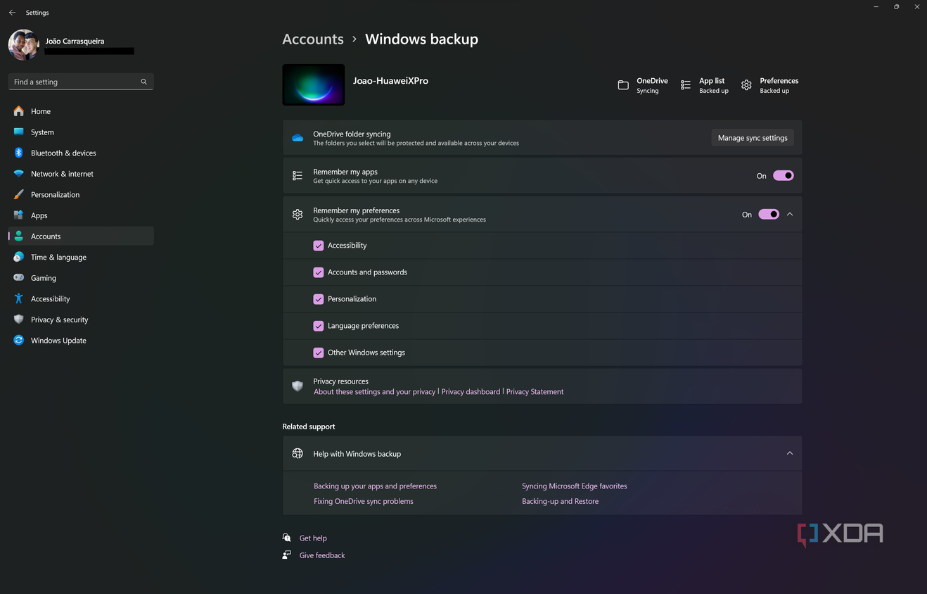 Screenshot of the Windows Backup page in Windows 11 Settings