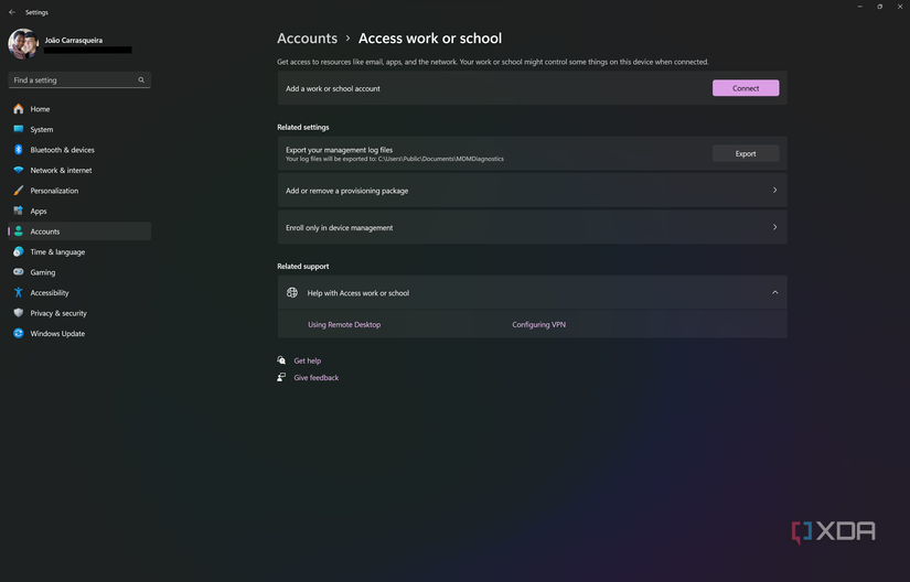 Screenshot of the Access work or school page in Windows 11 Settings